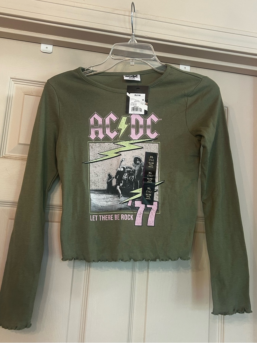 NWT AC/DC Rock Band Olive Green Long-Sleeve Graphic Top Pink Accent Girl’s 14 XL